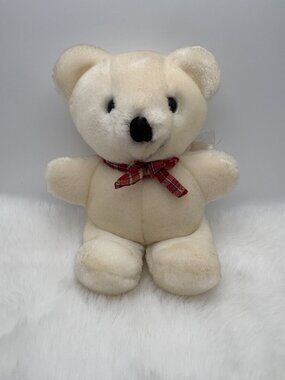 Dakin 1983 Teddy Bear 6" White w/ Red Plaid Bow Plush Stuffed Animal (SKU:674TO)
